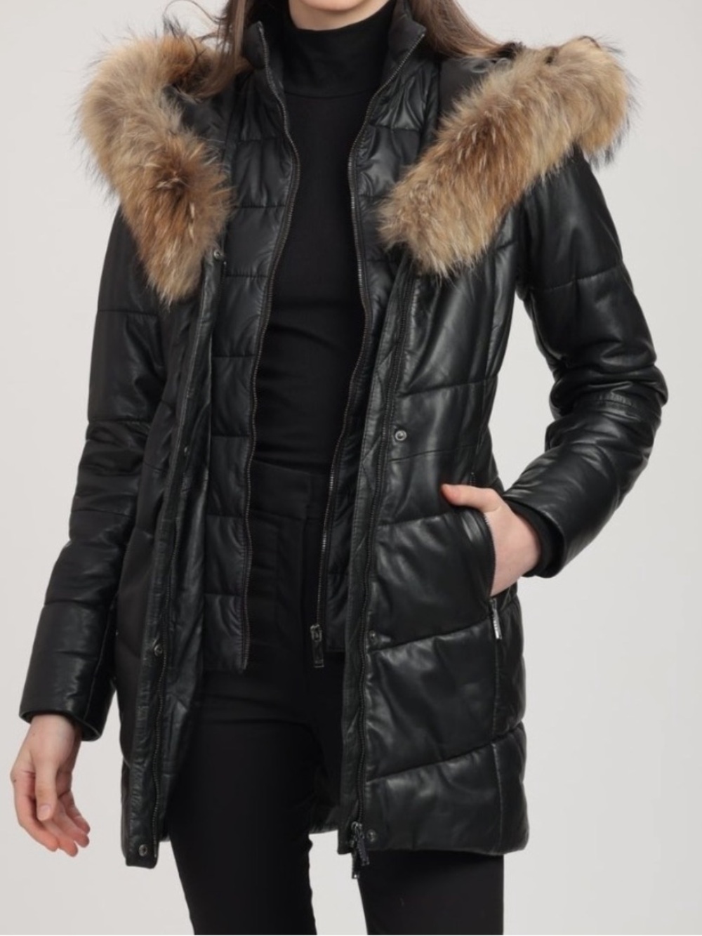 Atelier Noir by RUDSAK Black Down Puffer Jacket with natural Racoon Fur Trim